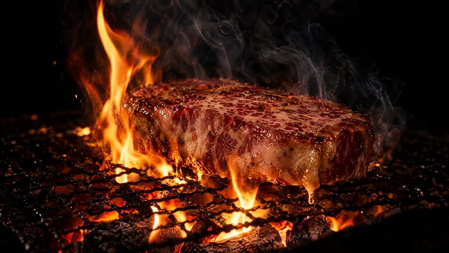 炭火で肉を焼いている写真(作例用に生成した画像)